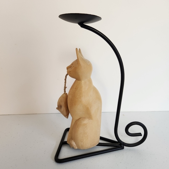 Rustic Wood Carved Wooden Cat Candle Holder Metal Stand Cats Eclectic Decor - Picture 6 of 7